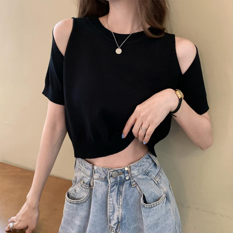 Summer Fashion Slim Solid Short Sleeve T-shirt Women Girl New Streetwear Basic Female Crop Top Off Shoulder Harajuku Clothes