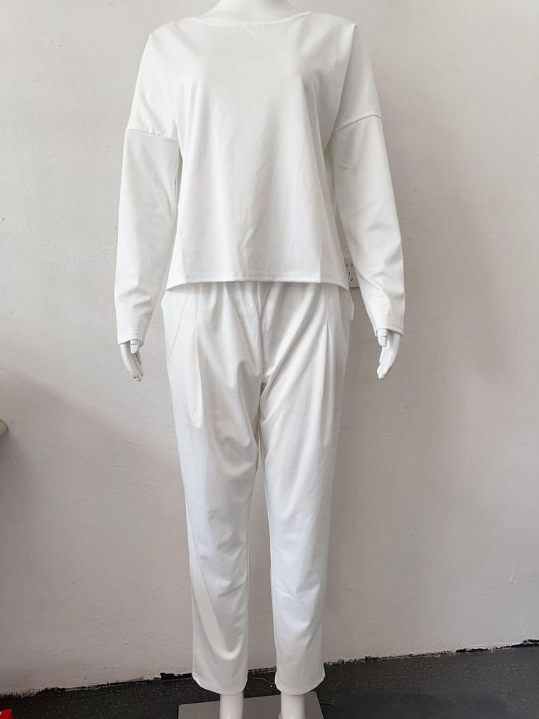 2024 Women's Solid Color Round Neck Long-Sleeved Suit with Pocket Pants
