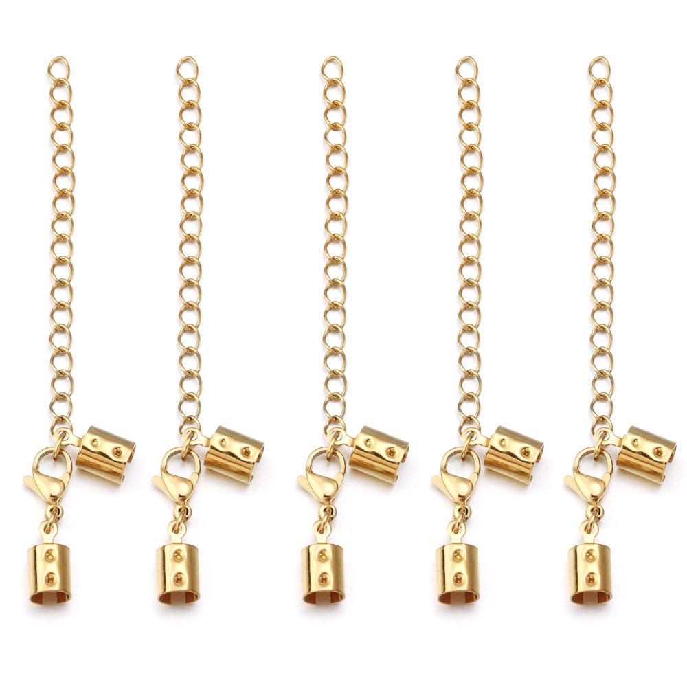 5sets Stainless Steel Leather Cord Clips End Caps With Lobster Clasp Extension Chain Connectors For DIY Jewelry Making Findings