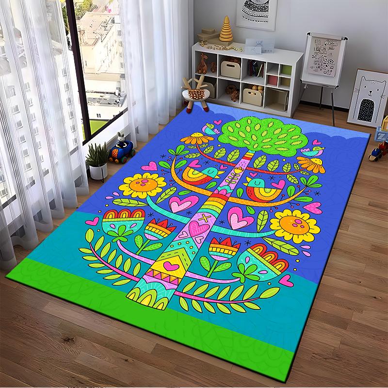 Colorful Tree of Life Pattern with Flowers, Hearts, and Birds Carpet Suitable for Use As an Anti-slip for Living Room Bedroom Sofas