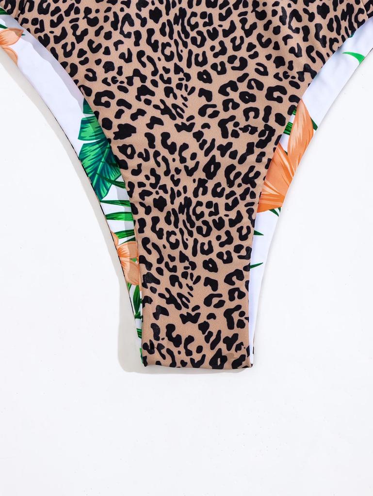 2024 Summer Double-Sided Print Bandeau High Waist Backless Bikini Swimsuit