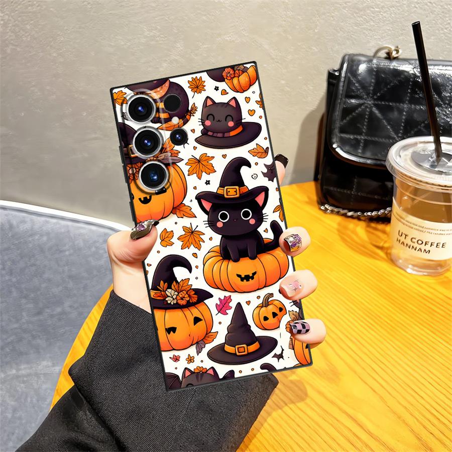 Case for Samsung Galaxy S20 S25 Edge S21 FE S24 Plus S23 Ultra Black Soft Phone Cover Pumpkin Cat