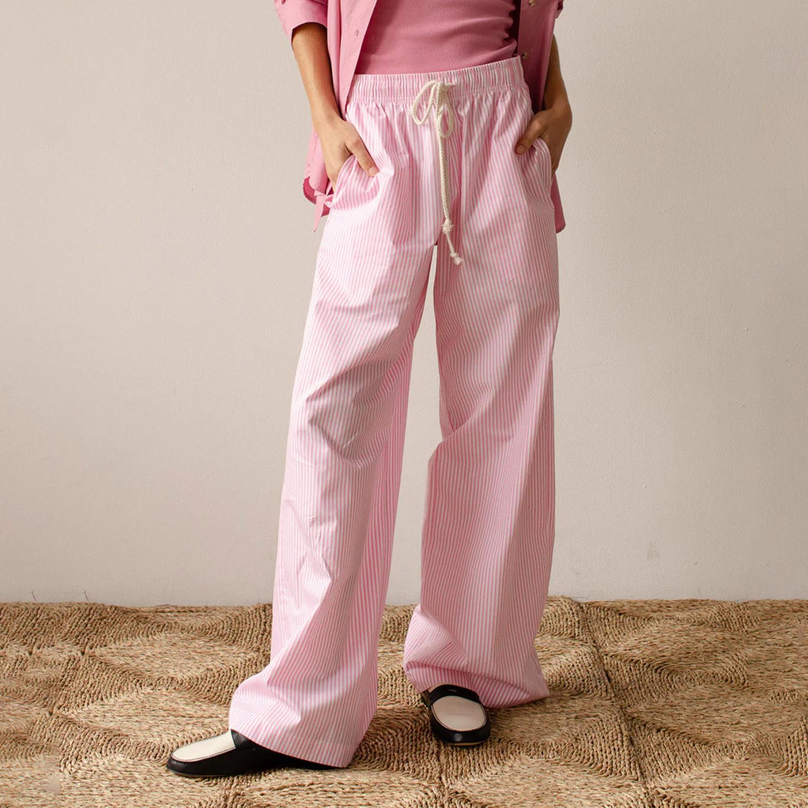 

Женские полосатые брюки с завязками, широкие брюки с высокой талией, повседневные свободные прямые спортивные штаны S розовый