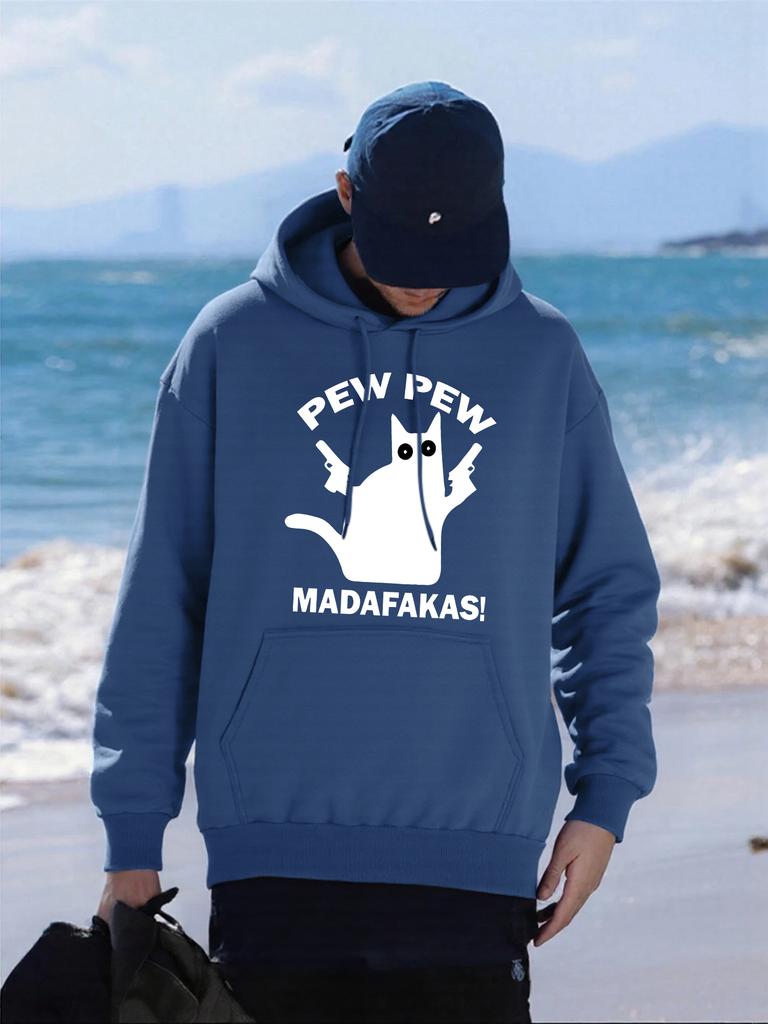Pew Pew Madafakas Cat Holding A Gun Printed Men Hoodies Loose Loose Hoody Autumn Fleece Streetwear All-Match Pocket Pullovers