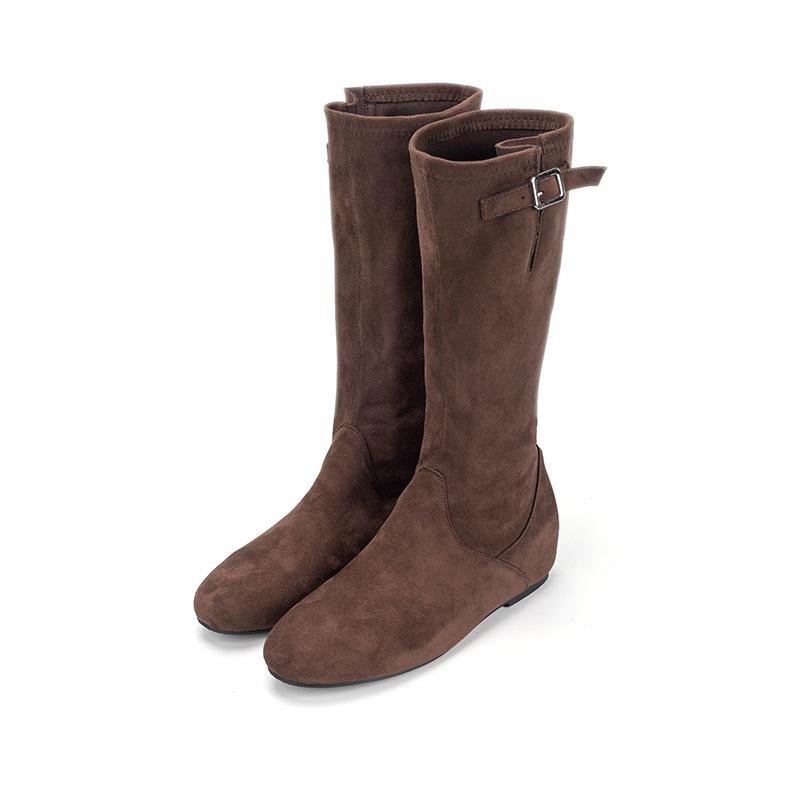 New Early Autumn Pleated Pile Fashion Boots Women's Versatile French Retro Belt Buckle Skinny Boots Western Boots Women's