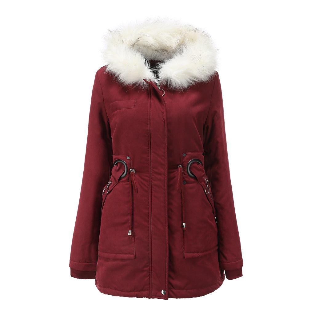 

Хлопковое пальто, женское пальто средней длины с меховым воротником и капюшоном, зимнее теплое флисовое пальто, женская хлопковая одежда, морозостойкое пальто XXL пурпурно красный