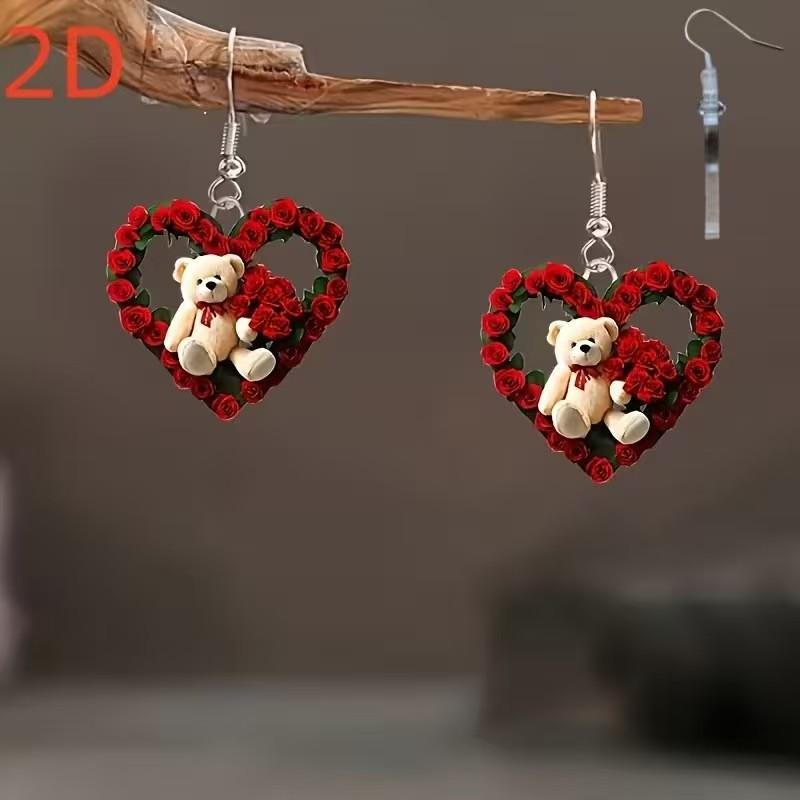 Acrylic flat Valentine s Day heart bear rose love earrings Valentine s Day Mother s Day 3.2cm