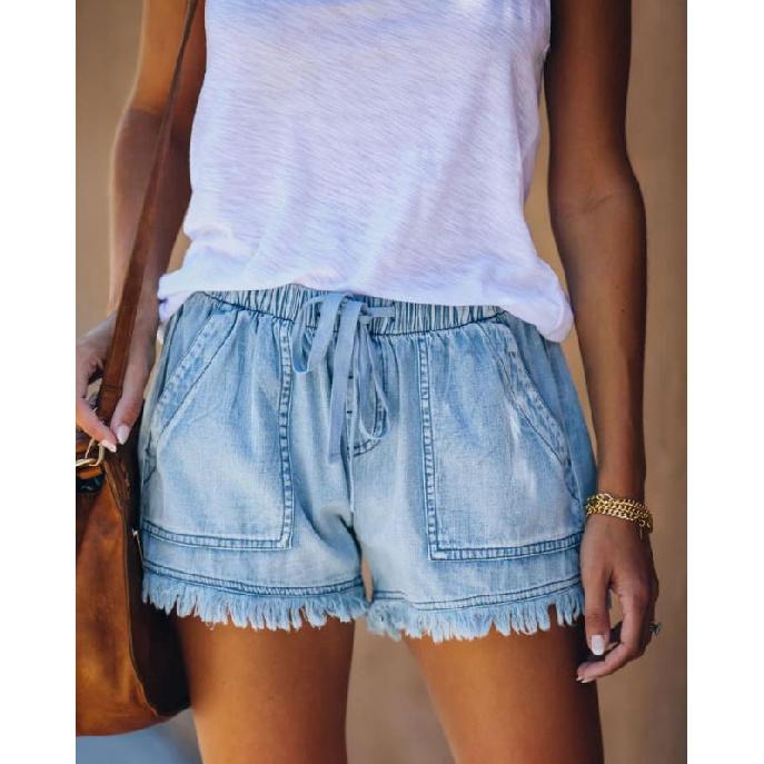 New Elastic Waist Casual High Waist Loose Slimming Fringe Denim Shorts For Women