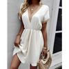 Women's Summer Dress, Spring and Summer Solid Color Short Sleeve Lace V-neck Waist-fitted Dress Casual Drawstring Waist Vacation Dress