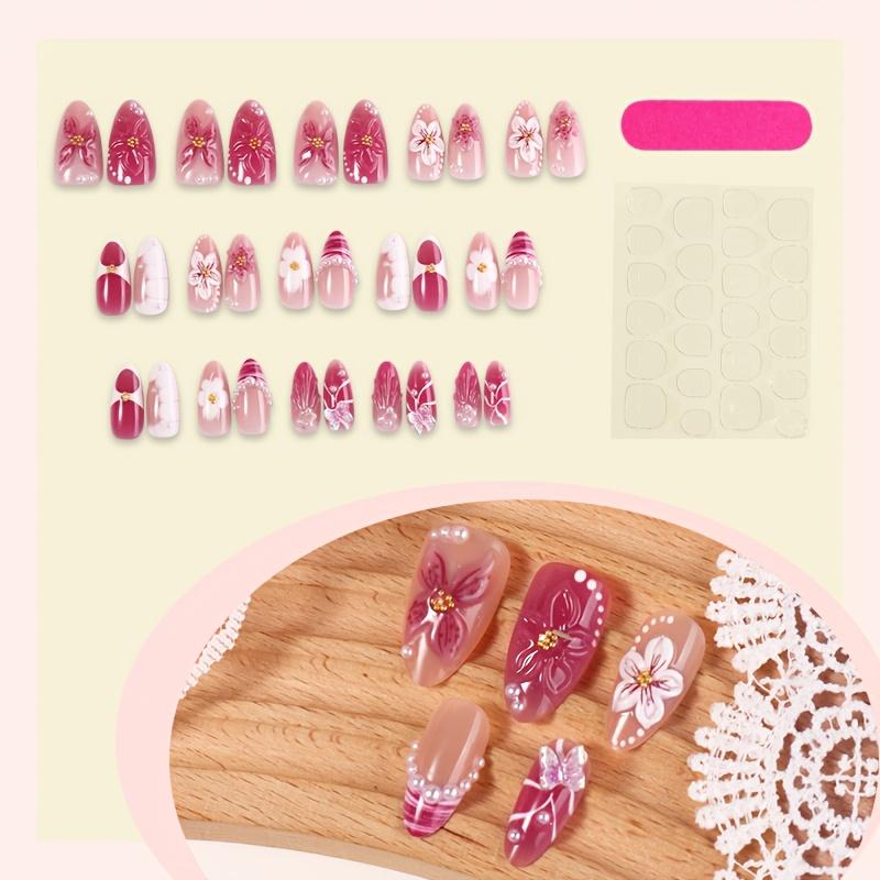 30 Piece Set of 3D Flower Almond Shaped Pressed Acrylic Nail Art Medium Length Suitable for Daily Wear and Holidays