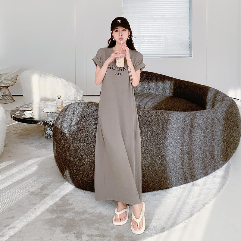 MODIQUE Summer Plus Size Women Loose Versatile Minimalist A-Line Letters Print T-Shirt Long Dress Female Casual Solid Color Short Sleeve O-Neck Dress