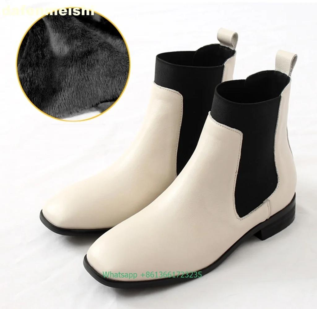 Fashion Women Genuine Leather Chelsea Ankle Boots Stretch Fabric Slip On Fashion Office & Career Boots 2025 Winter Flats Heels Boots