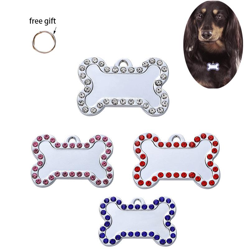Pet Tag With Bone Shape And Sparkling Diamond Edge Stylish Metal Tag For Dogs