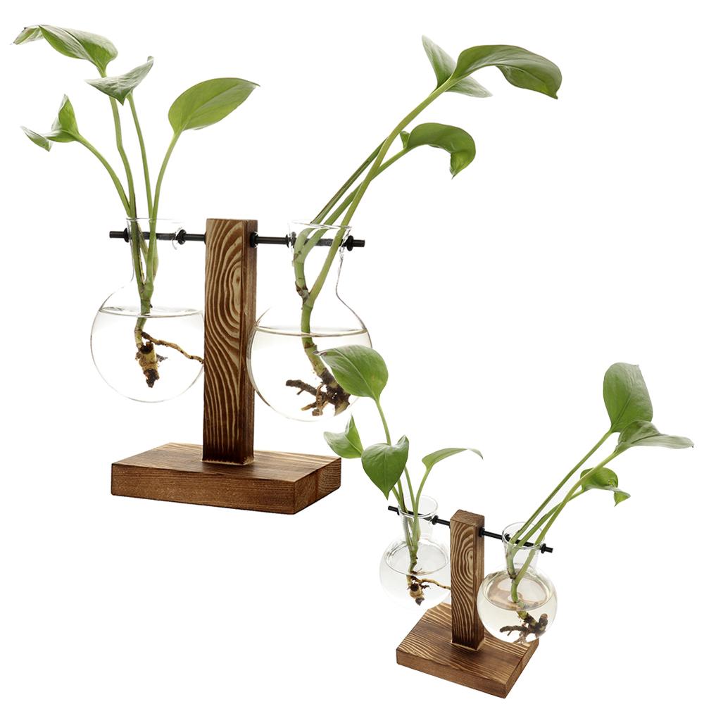 Hydroponic Vase with Wooden Stand Retro Glass Bulb Plant Propagation Station for Home Decoration 2 Containers