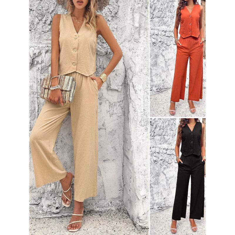 Casual V-neck Vest Long Pants Set Pure Color Casual V-neck Vest Pants Suit