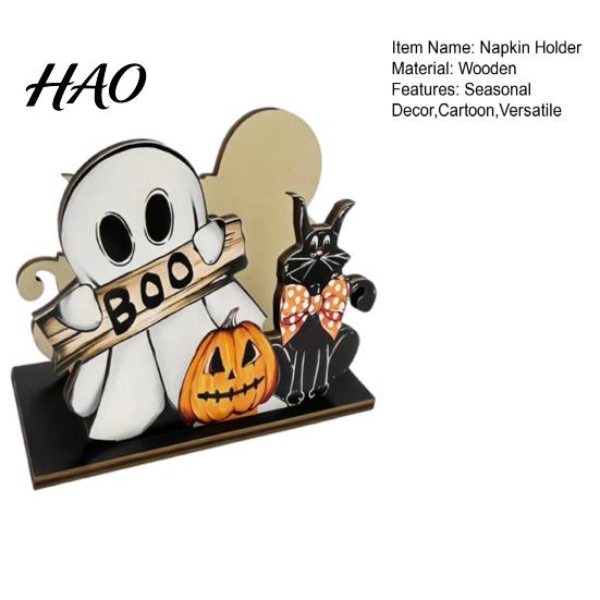 Holiday Party Supplies Halloween Wooden Napkin Holder, Cute Black Cat Mummy Pumpkin Spooky Kitchen Decor Desktop Organizer for Party, Festive