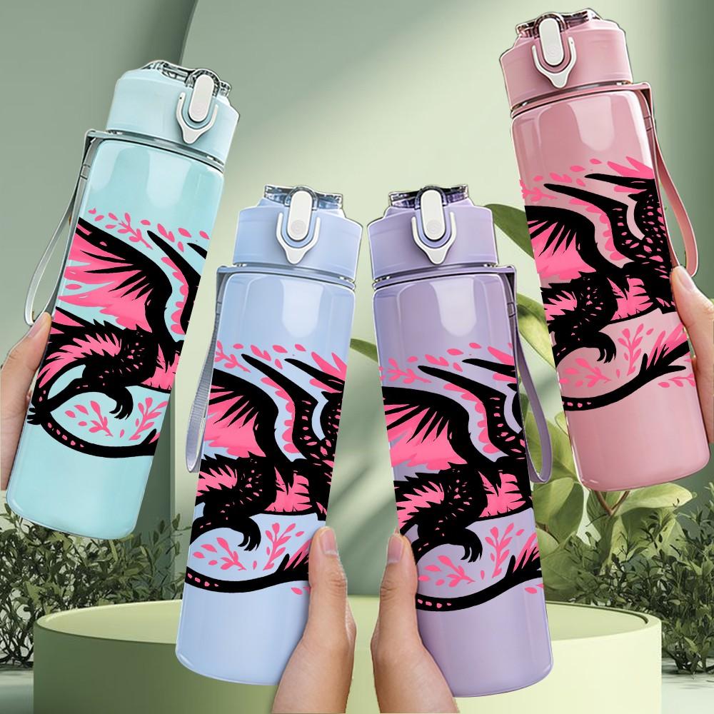 1PC Pink Black Dragon Art 750ml Color Plastic Sports Water Bottle Leakproof Flip Straw Lid Suitable for Sports Office Home Use