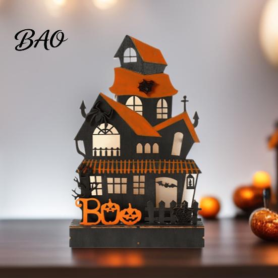 Festive Atmosphere Table Decor Wooden Glowing Haunted House Figurine with LED Light, Halloween Tabletop Centerpiece Spooky Home Interior Accents