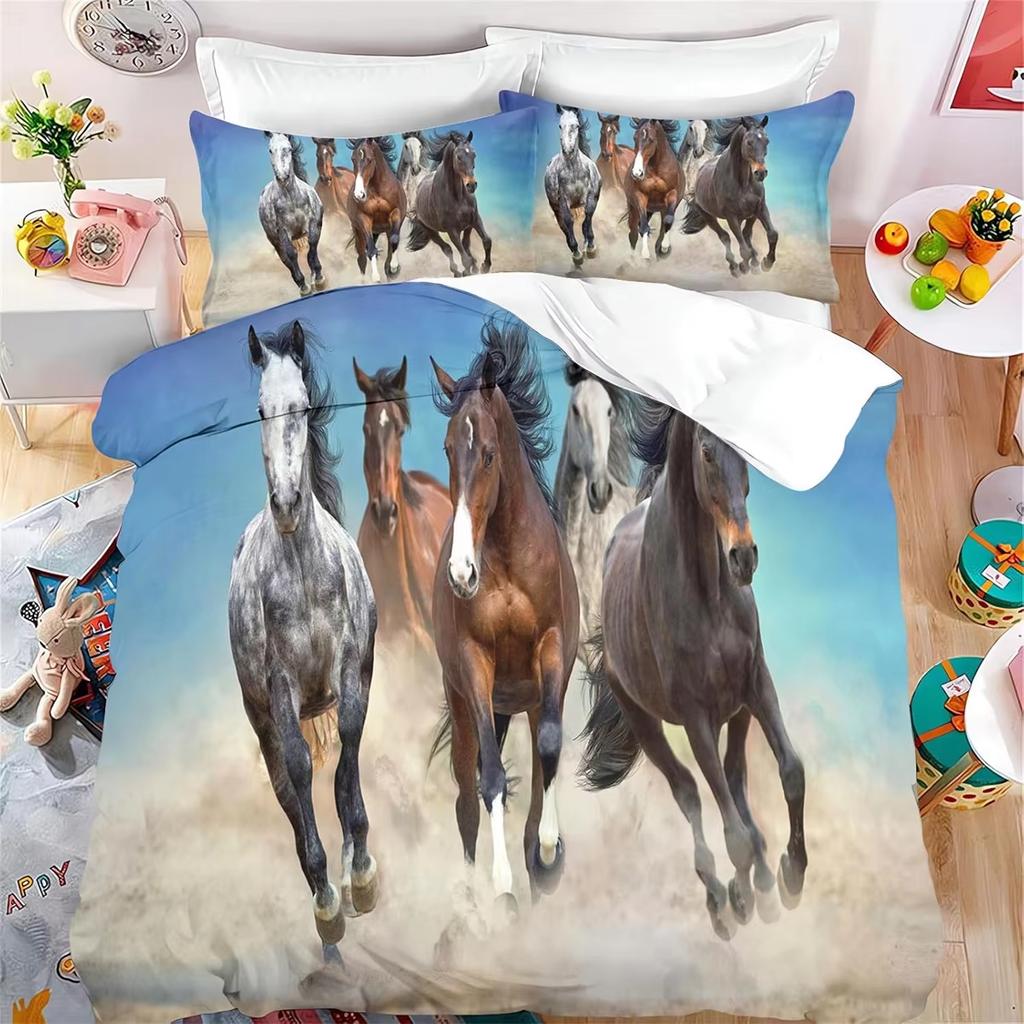 Animal Horse Quilt Cover Set Hidden Zipper, Horse Duvet Cover with Pillowcases Soft Microfiber Bedding Set  for Kids Adults