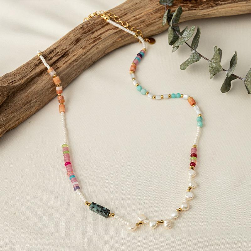 GEMCHIC Women's Bohemian Style Natural Stone and Pearl Beaded Necklace with Gold Plated Stainless Steel Chain
