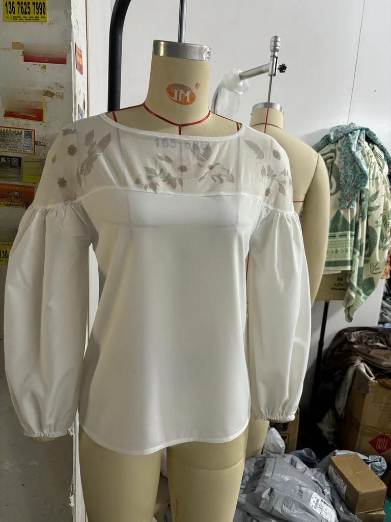 Camisa de Gasa para Mujer Ins de Manga Larga con Cuello Redondo, Retazos de Malla, Estampado Digital