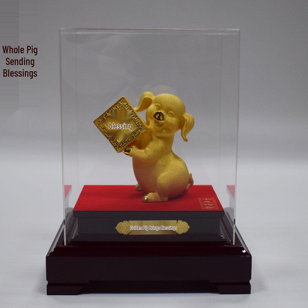Golden Velour Pig Ornament - Wealth-Attracting Chinese Zodiac Home Decoration or Birthday Gift H1145