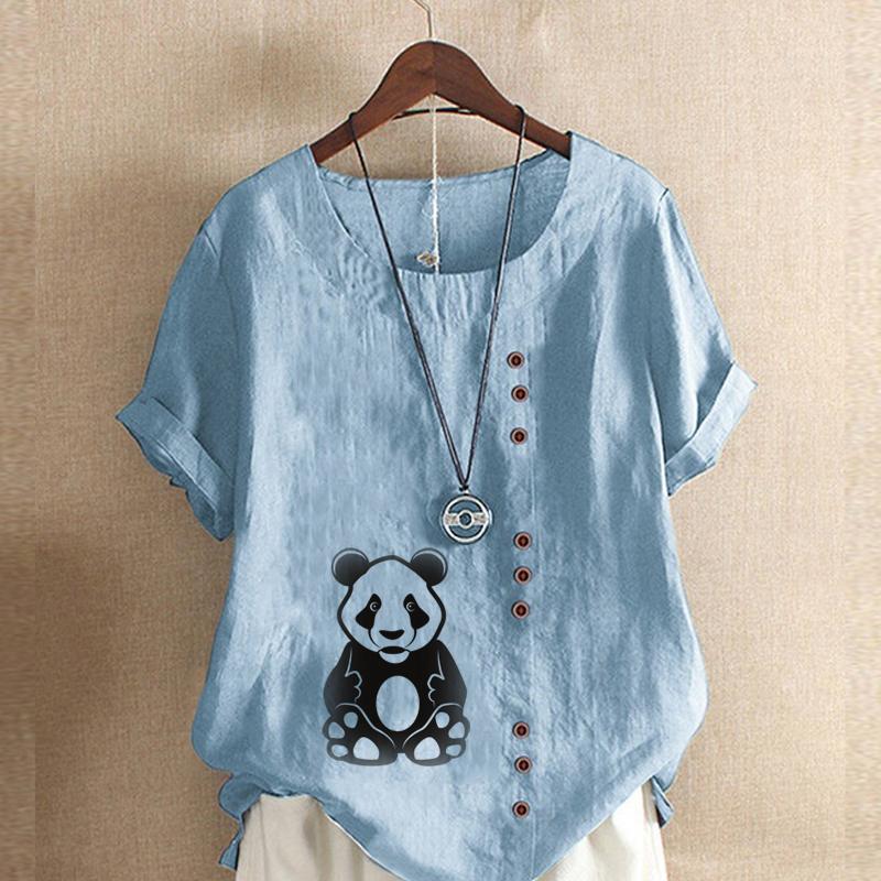 Women's Fashion Panda Print Short Sleeve T-shirt Loose Cotton Shirt Casual Loose Summer Blouse Tops
