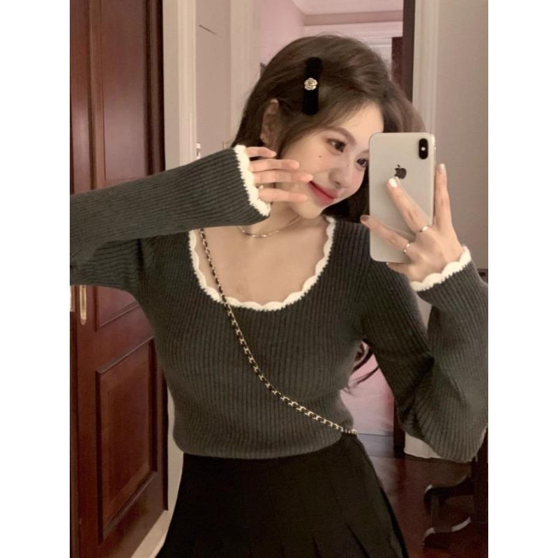 Contrast Collar Lace Bottom Shirt Autumn and Winter Premium Sense Slim Spice Girl Top Trendy Long Sleeve Knitted Sweater Women