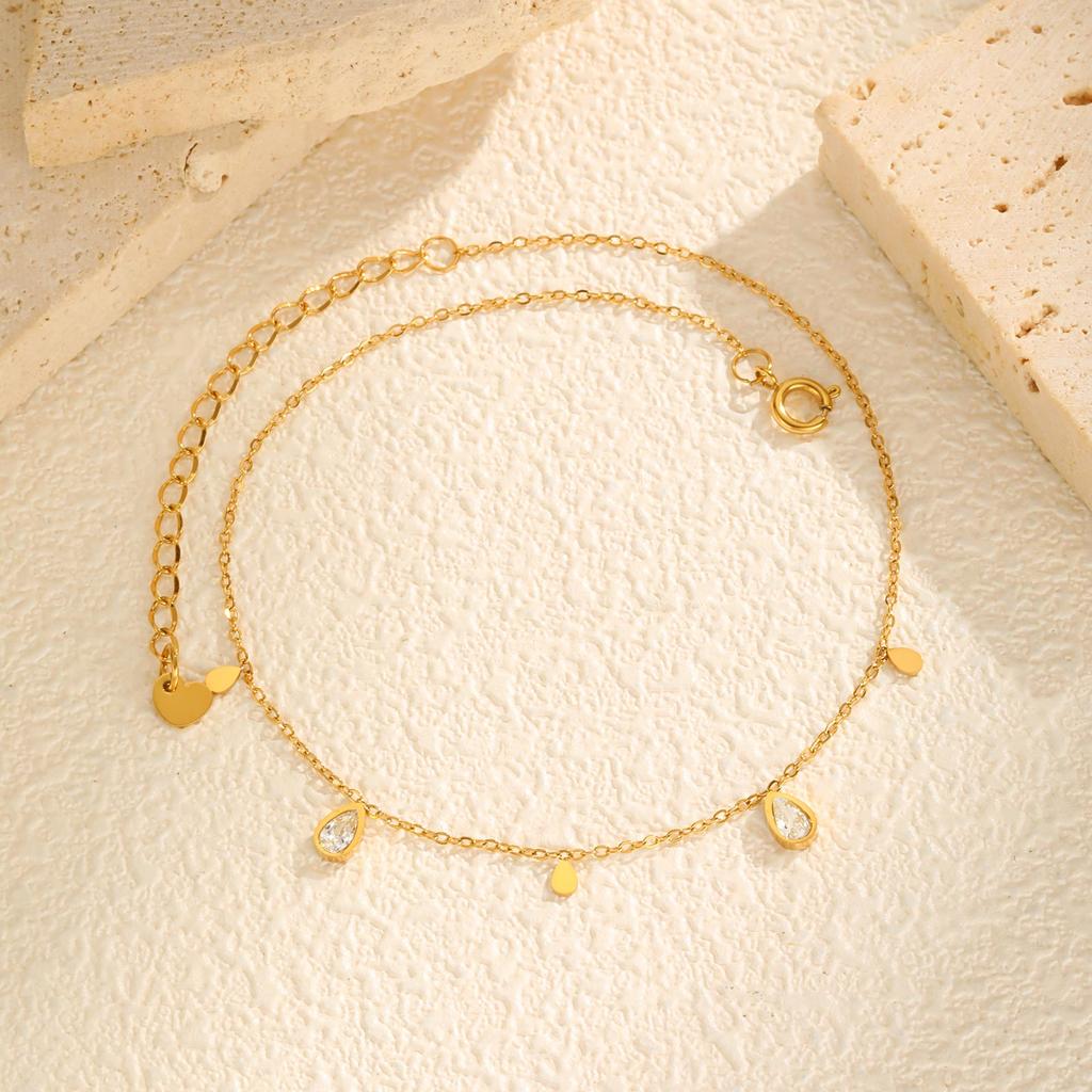 Stainless Steel Water Drop Zircon Anklet for Women Girl, Gold Color Simple Foot Chain Ankle Bracelet Jewelry Summer Accessories
