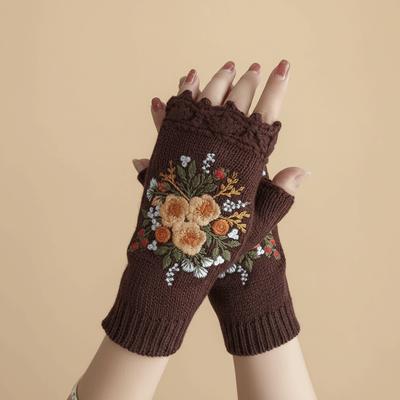 Cute Vintage Embroidery Knitted Gloves Floral Bee Fingerless Gloves Korean Style Thick Crochet Flower Mittens Outdoor