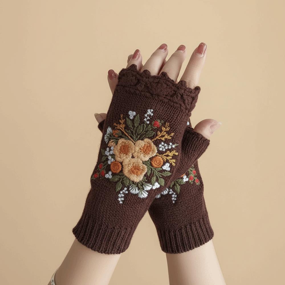 Vintage Embroidery Knitted Gloves Floral Fingerless Gloves All-Match Winter Wool Gloves  Outdoor