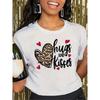 European Size Women's White T-Shirt - Cute Leopard Print &Red Hearts with Hugs Kisses Lettering, Casual Round Neck Short Sleeve Blush Pink & Black Top