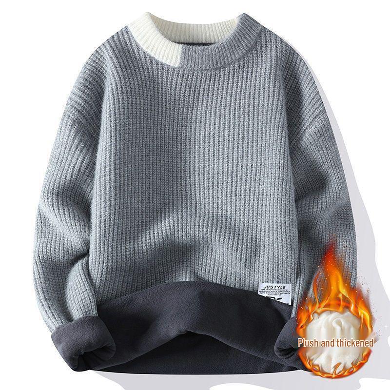Men's Velvet Thick Knit Sweater - Autumn/Winter Round Neck Trendy Warmwear for Teen Students