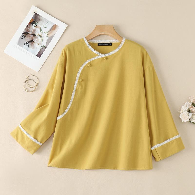 ZANZEA Women Lace Splice Round Neck Casual 3/4 Sleeve Cotton Blouse S жёлтый