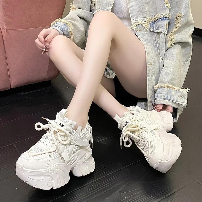 Fashion 9.5cm Autumn Spring Chunky Sneakers Women Lace Up Non-slip Platform Sports Shoes Thick Bottom Shoes Female Heels Casual Sneakers