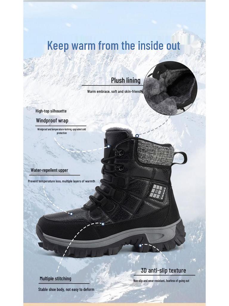 Unisex Plus Size Non-Slip Snow Boots with Fleece and Thick Cotton for Warmth