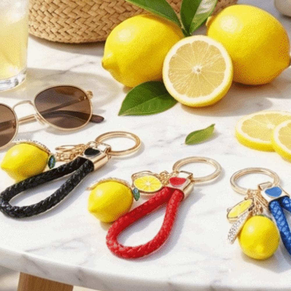 Rhinestone Leaf Charm Bag Pendant Creative Fruit Shape Key Ring Cute Lemon Keychain Gift