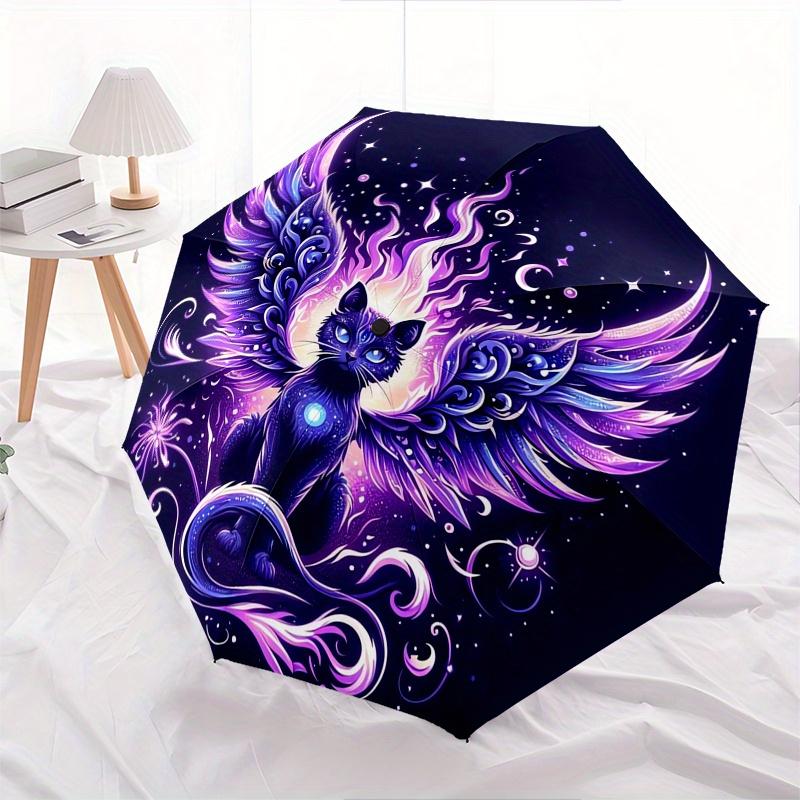 Cosmic Cat, Celestial Wings Automatic Folding Umbrella 8 Ribs, Durable Iron Frame, Bright Color Pattern Compact Travel Umbrella, Suitable f