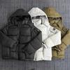 Mens Thick Cotton Puffer Jacket With Detachable Hood Square Front Pocket Warm Winter Outerwear