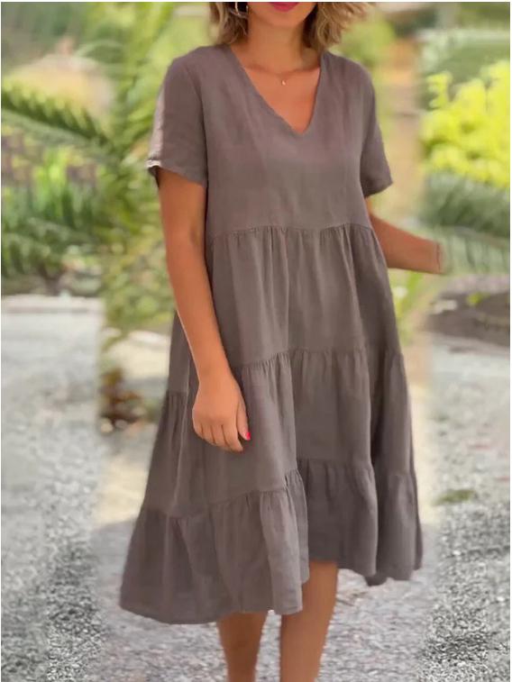 Summer V-Neck Solid Color Swing Dress for Women