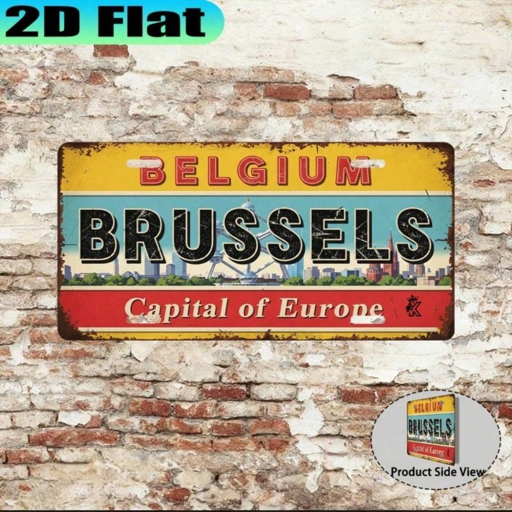 2D Flat Brussels Retro License Plate Frame, Waterproof Aluminum Car Tag Cover, 5.9x11.8in Vintage Urban Decor