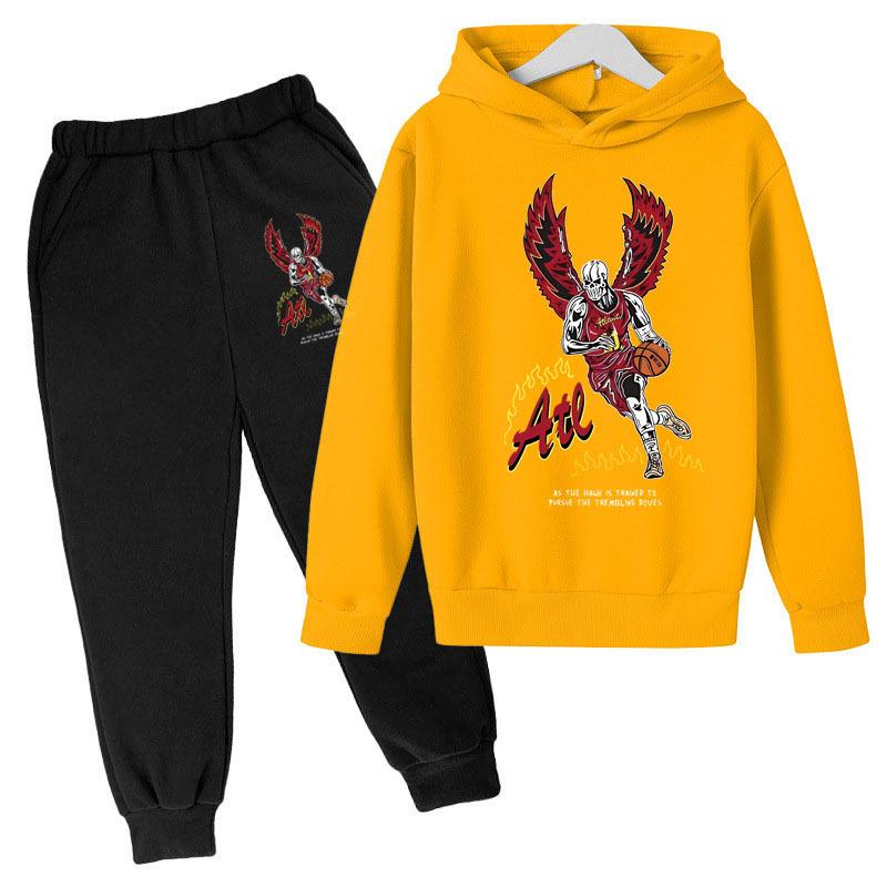 Herbst Winter Atlanta Hawks "As the Hawk Travels" Skelett Bedruckte Hoodies Sweatpants Set Lässig Warm Sport Langarmhose Herren Sportbekleidung