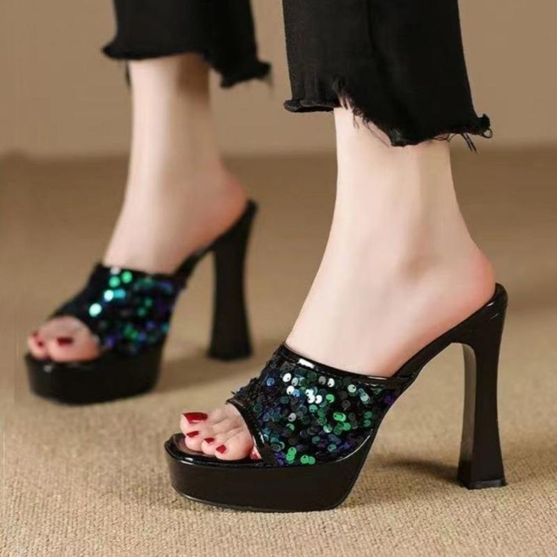 Fashion Women High Heels Slippers Designer Fish Mouth Slippers Luxury Rhinestones High Heeled Slippers for Women Pumps Summer Flip Flops
