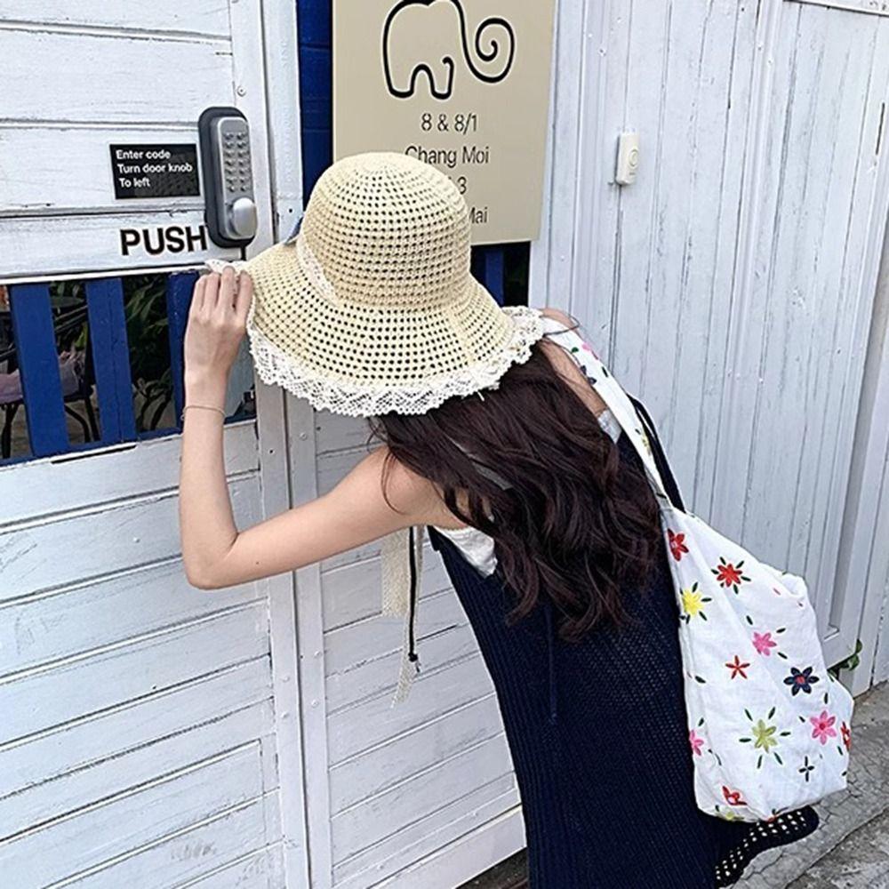 Breathable Big Bowknot Sun Hat Sweet Lace Brim Sunshade Cap Summer Woman's Straw Hat  Outdoor