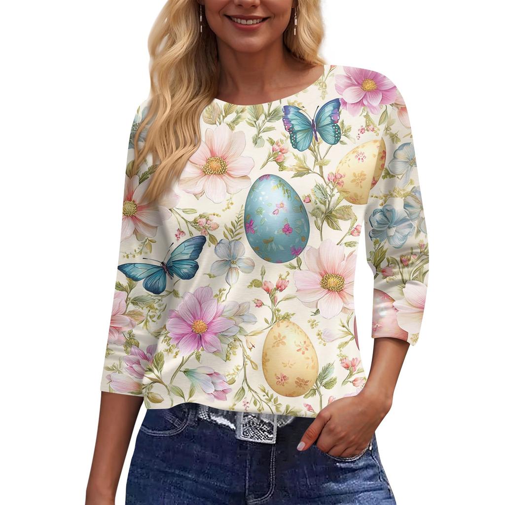 Women's Fashion Casual Sleeve Easter Elements Print Round Neck Top