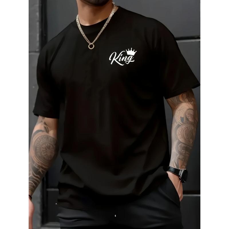 Men's Cotton T-shirt - Casual Crew Neck, 'KING' Crown Graphic, Short Sleeves, Fashionable for Summer, Machine Washable