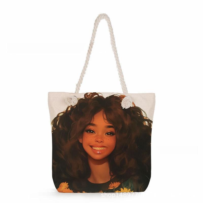 Multifunctional Black Girl Printed Thick Rope Shoulder Beach Bag 7573 KTB