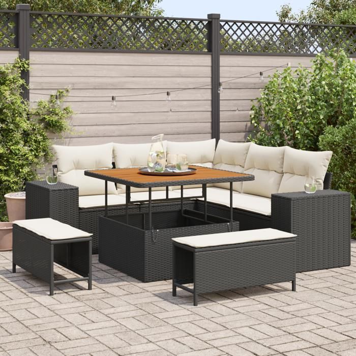 Ensemble de Canapés de Jardin 8 Pièces avec Coussins Noir Rattan Poly Acacia, Ensemble de Salle à Manger de Jardin 3 Pièces 3361995