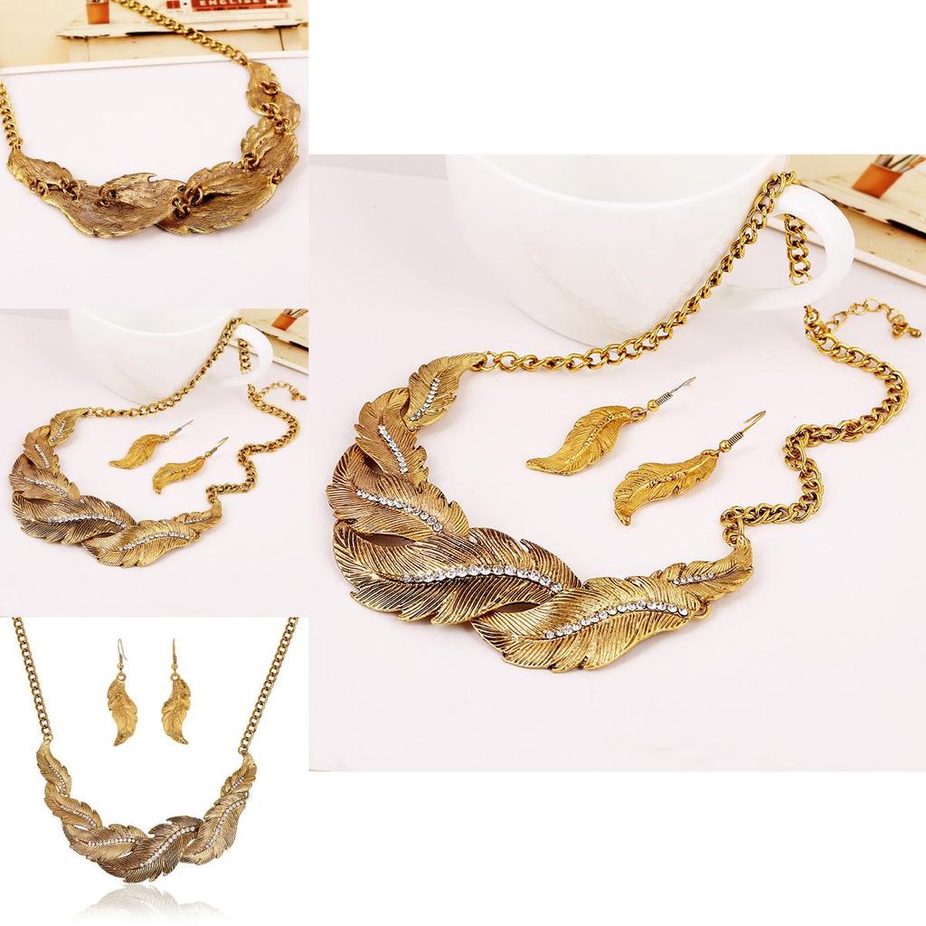 Fashion Rhinestone Decoration Feather Design Women Gold Necklace And Earring Set For Casual Wear And Employee Benefits