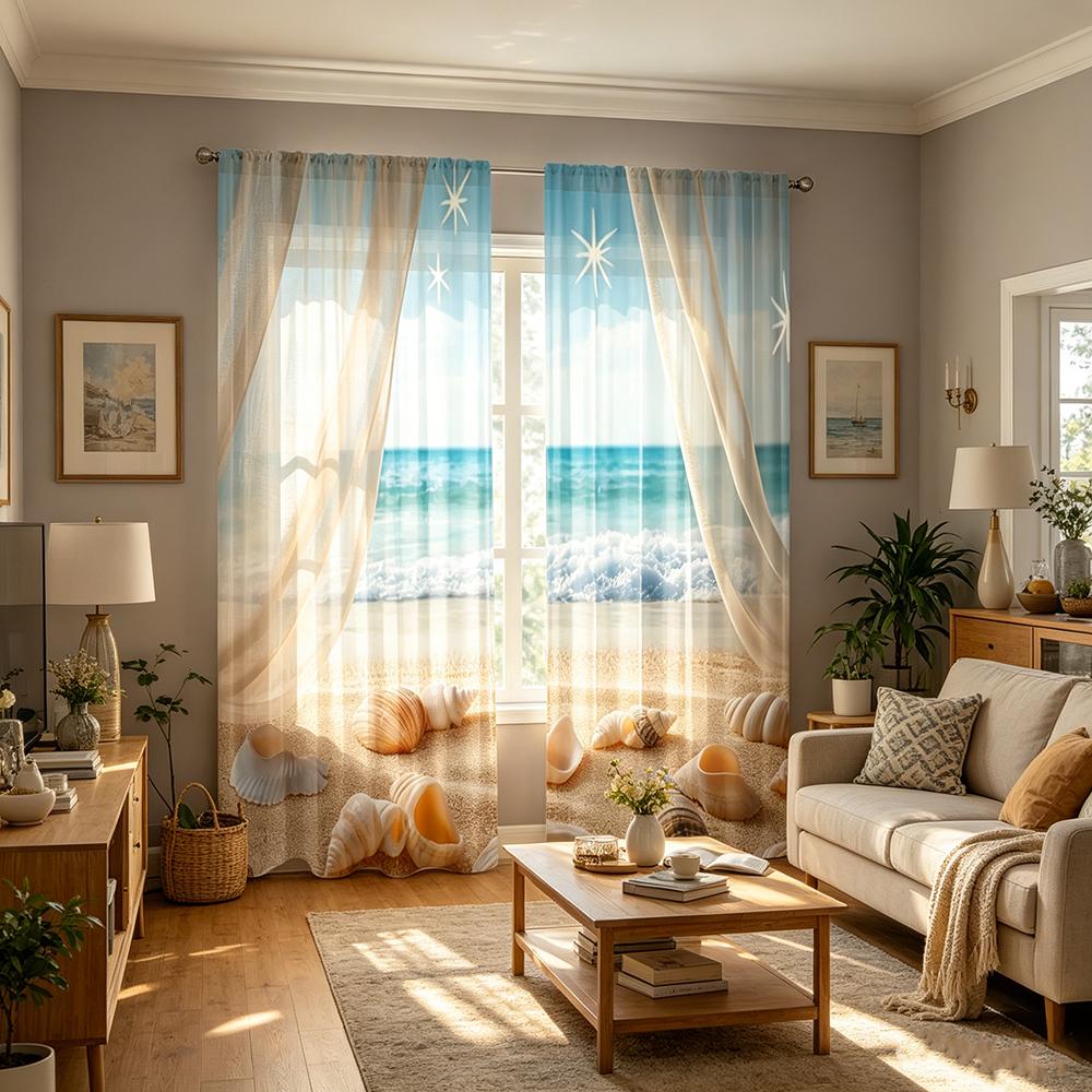 Digital Printed Curtains with Seashell Beach Design, Stylish Window Drapes for Living Room Bedroom Home Decoration